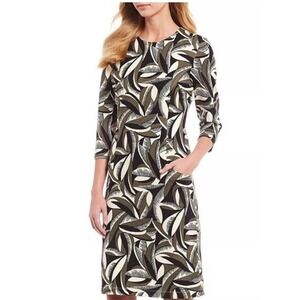 J. Mclaughlin Catalyst Dress Pop Feather Black Beige Print 3/4 Sleeve‎ XS